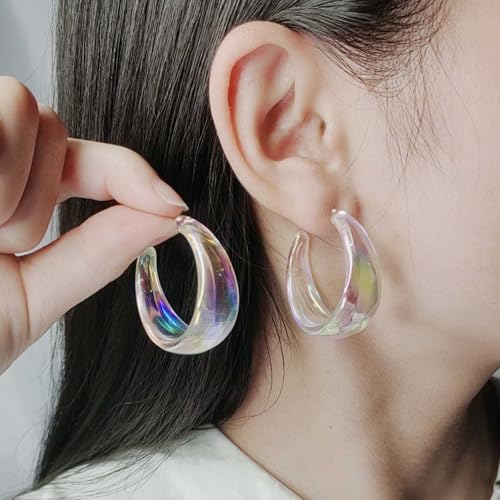 Large Acrylic C-Shaped Resin Hoop Earrings - Chunky Open Hoop Earrings - Cute Clear Geometric Circle Earrings - Jewelry for Women