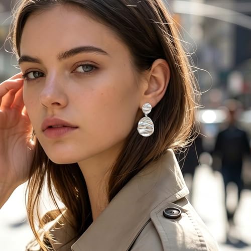 14K Gold Plated Texture Geometric Earrings, Simple Oval Hammered Hoop Drop Dangle Earrings for Women, Lightweight Dangly Minimalist Jewelry - color: Teardrop-Silver