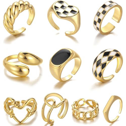 FAXHION 12PCS Gold Stackable Rings Set for Women, 18K Gold Plated Open Stacking Knuckle Ring, Adjustable Chunky Signet Band Statement Ring for Gift - color: 0-Gold 10pcs