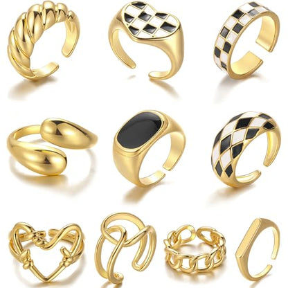 FAXHION 12PCS Gold Stackable Rings Set for Women, 18K Gold Plated Open Stacking Knuckle Ring, Adjustable Chunky Signet Band Statement Ring for Gift - color: 0-Gold 10pcs