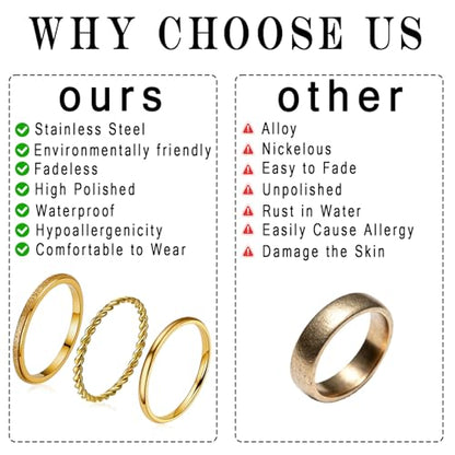 2mm 18Pcs No Tarnish Stainless Steel Thin Rings | PVD Gold Plated, Fadeless, Waterproof, High Polish, Hypoallergenic - color: 18K Gold Plated