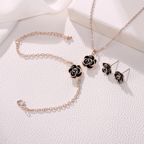 EleQueen Rose Flower Necklace Earrings Bracelet Set for Women - color: 02_Black Necklace+Earrings+Bracelet