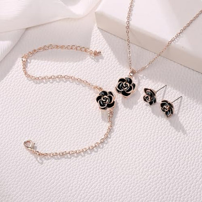 EleQueen Rose Flower Necklace Earrings Bracelet Set for Women - color: 02_Black Necklace+Earrings+Bracelet