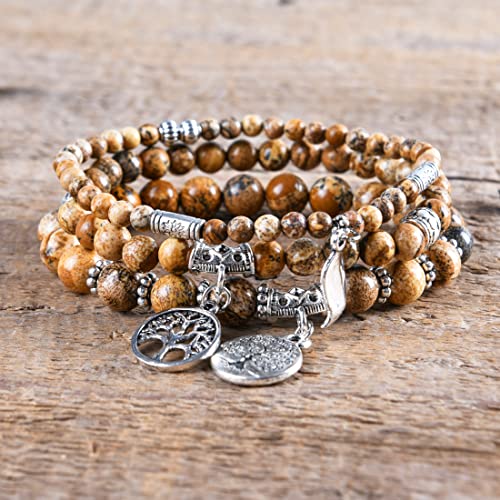 YGLINE Tree of Life Yoga Healing Stone Bracelets,Multilayer Lotus Chakra Stone Reiki Bracelet Sets,Anxiety Crystal Natural Stone,for Women Stress Relief - color: Picture Jasper-3w