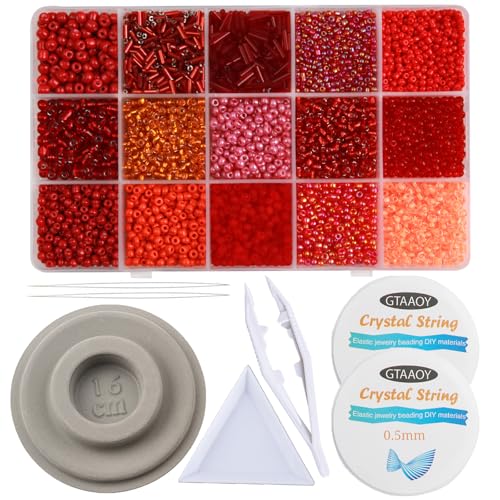 GTAAOY Mix 15 Color Glass Seed Beads, Glass Bugle Beads Tube Beads, Bracelet Bead Boards, Tweezers,Elastic Sting for Jewelry Making(Mix Size,Red) - color: Red
