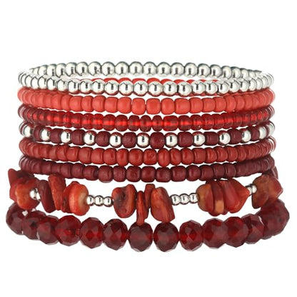 Noessla Boho Beaded Bracelets for Women Stackable Irregular Natural Stone Bead Stretch Bracelet Set 8PCS Costume Jewelry Gifts for Her - color: Red