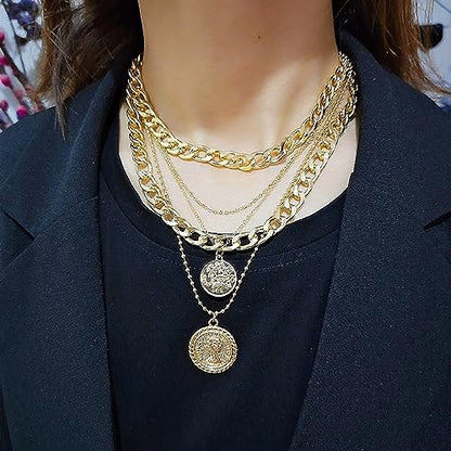 CSIYANJRY99 Chunky Gold Necklaces for Women,Multilayer Punk 80s Hip Hop Necklace,Layered Cuban Link Chain Statement Necklace 90s Freaknik Outfit Accessories for Women - color: Coin Gold