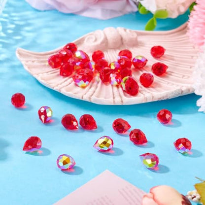 50Pcs Red Faceted Glass Teardrop Beads Electroplate Top Drilled Drop Loose Spacer Beads Transparent Crystal Water Drop Bead Teardrop Chandelier Charms for DIY Earring Bracelet Jewelry Making - color: Red