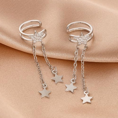 Dainty Star Tassel Dangle Ear Cuff Cartilage Clip On Earrings for Women 925 Sterling Silver Cubic Zirconia Crystal Small Huggie Hoops Chain Link Drop Dangling Layered Wrap Earring Fashion Birthday Jewelry Gifts Hypoallergenic Clips - color: Silver