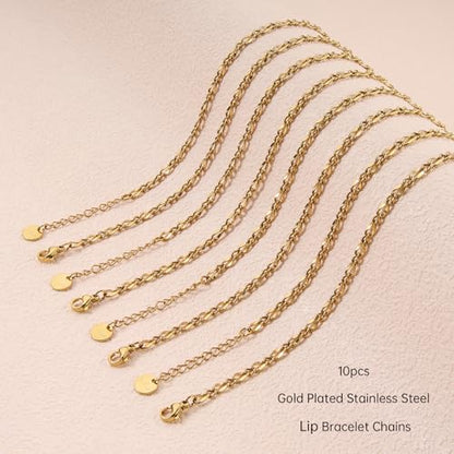 UMAOKANG 10PCS Gold Stainless Steel Lip Chains Bracelet for Jewelry Making | PVD Gold Plating Hand Chain Bracelets Bulk Permanent Bracelet Kit - color: 10pcs Lip Gold