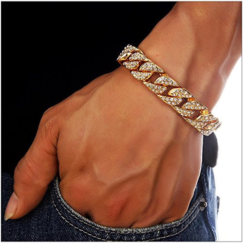 Mens Womens Cuban Link Bracelet Hip Hop Bracelet Stainless Steel Chain Bracelet Iced Out Curb Cuban 18k Gold Plated Bracelet With Clear Rhinestones - color: A-Gold-8.26in