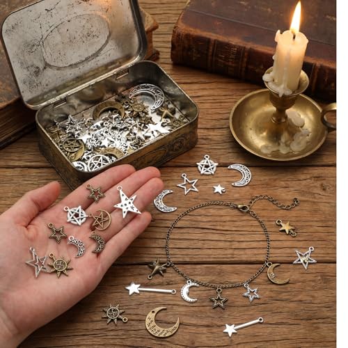 Hicarer 80 Pieces Antique Silver Pendants Gothic Charms Halloween Charms Pendants Jewelry Making Accessory for DIY Necklace Bracelet - style: Sun,Moon,Stars