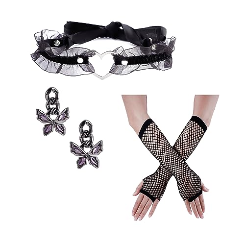 Eigso Velvet Gothic Garter for Women Heart Leg Ring with Rivets Elastic Lace Bracelets Choker Set - color: Black - A3