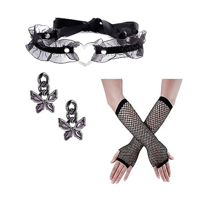 Eigso Velvet Gothic Garter for Women Heart Leg Ring with Rivets Elastic Lace Bracelets Choker Set - color: Black - A3