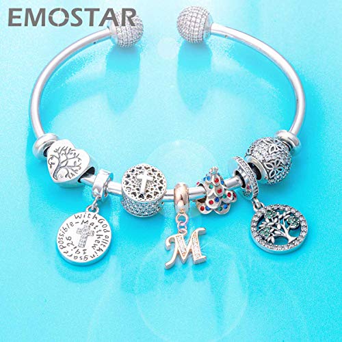 EMOSTAR Letter Charms Initial A-Z Alphabet Beads, Rose Gold 925 Sterling Silver Dangle CZ Birthstone Pendant, Gifts for European Charm Bracelet/Mothers Day/Birthday - color: Letter M