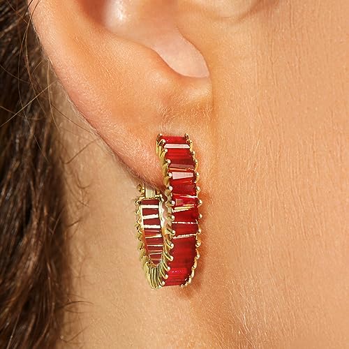 Trendy 14K Gold Plated Hoop Earrings for Women, Chunky Gold/Silver Earrings for Women Cubic Zirconia Baguette Hoop Earrings Heart Hoops Lightweight Hypoallergenic Jewelry,25mm/35mm/40mm/50mm - color: 01 Gold Red Hoops 25mm