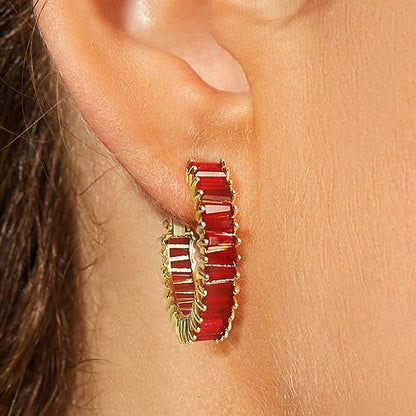 Trendy 14K Gold Plated Hoop Earrings for Women, Chunky Gold/Silver Earrings for Women Cubic Zirconia Baguette Hoop Earrings Heart Hoops Lightweight Hypoallergenic Jewelry,25mm/35mm/40mm/50mm - color: 01 Gold Red Hoops 25mm