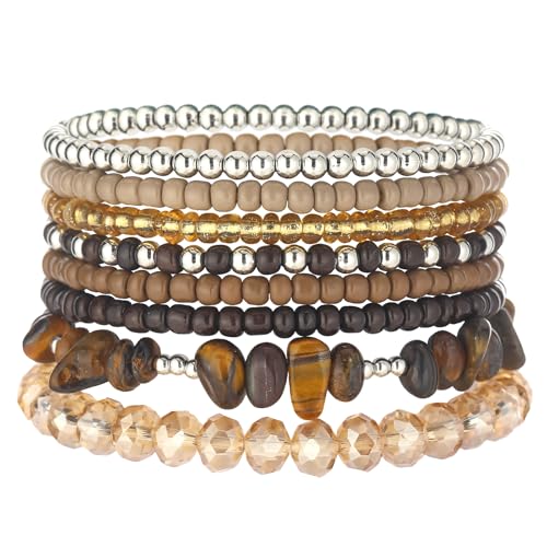 Noessla Boho Beaded Bracelets for Women Stackable Irregular Natural Stone Bead Stretch Bracelet Set 8PCS Costume Jewelry Gifts for Her - color: Brown