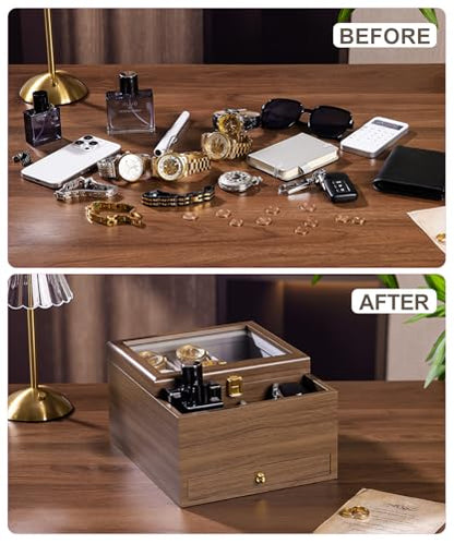 Homde Wooden Watch Box for Men: 3-Layer Organizer with 4 Watch Pillow | 4 Watch Pillows and 2 Drawers for Jewelry and Accessories-Nightstand Display-Clear Lid and Charging Hole for Easy Access