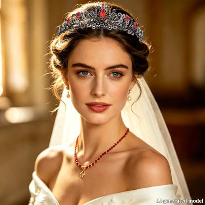 Gothic Tiara for Women, Black Red Crystal Crown, Tiara with Combs - color: Gunmetal