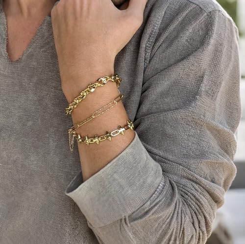 SOFYBJA 18k Gold Plated Personalized Chunky Cuban Oval Link Chain Bracelets for Men Toggle Rope Bracelet Jewelry for Women - style: Spike Chain Link Bracelet