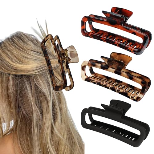 Hair Claw Clips Plastic 5.1 Inch Large Unbreakable Glossy Rectangle Square Strong Hold Jaw Clips Neutral Colors XL for Women Thin Thick Long Curly Hair - 3 Pack - color: Black&Dark Brown&Light Brown