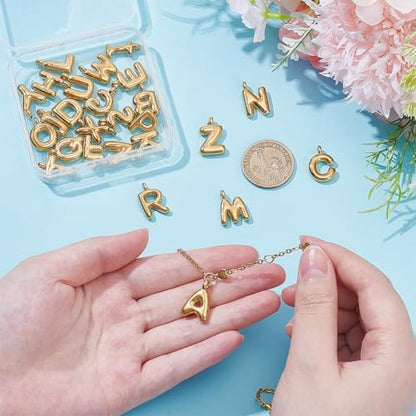 WADORN 26Pcs 18K Gold Plated A-Z Alphabet Letter Charms for Jewelry Making, Chunky Initial Letters Pendants with Loop, Bubble Slide Alphabet Charms for Bracelet Necklace Earrings Choker Crafts Making - color: Gold