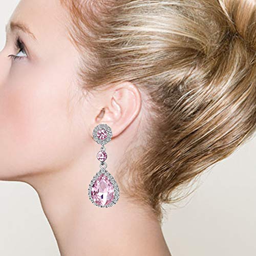 Gorgeous Austrian Crystal Rhinestone Wedding Bridal Teardrop Drop Dangle Earrings - color: Pink
