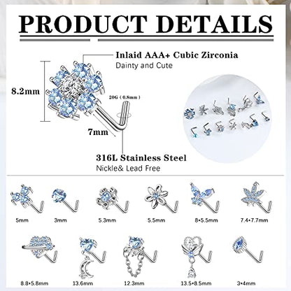 Sanfenly 12 PCS 20G Nose Rings Surgical Stainless Steel, L Shaped Nose Studs for Women Men, CZ Heart Butterfly Flower Leaf Moon Dangle Cute Nose Piercings Studs Screw Jewelry Pink/Purple/Blue/Clear - color: Blue