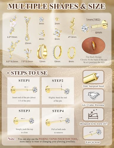 20G 18G Threadless Flat Back Earrings 316L Surgical Steel, 12PCS | Hypoallergenic Push in Stud Earrings, 14K Gold Plated Cartilage Earring Stacks, Helix Conch Tragus Nose Piercing Jewelry - color: 14K Gold Tone, size: 18G-6MM Bar