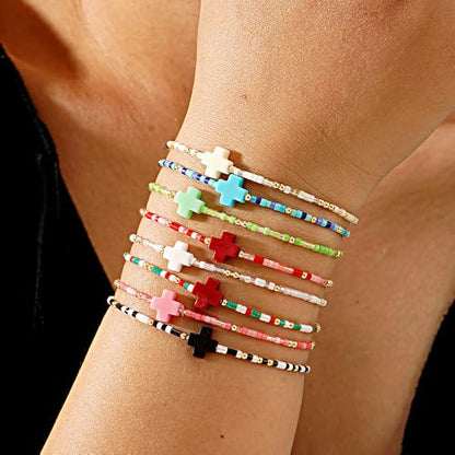 Colorful Stackable Rice Small Mini Seed Beaded Bracelets Set For Women, Handmade Dainty Boho Gold Glass Stretch Accessories Jewelry,Summer Beach Party Daily Friendship Gift - color: Cross175