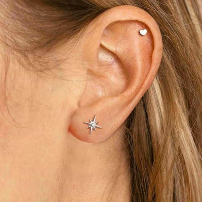 G23 Titanium 16G Tragus Conch Piercing Jewelry Flat Back Stud Earrings | Hypoallergenic CZ Nose Dangle Helix Medusa Lip Labret Body Piercing Jewelry, 14K Gold Plated, Silver, 6 and 8 mm Post Length - color: Heart-Titanium