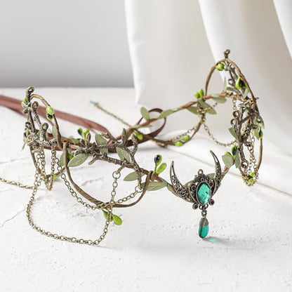MOSTORY Woodland Elf Crown for Women - Medieval Elf Headpiece with Tassel for Renaissance Renfaire Fae Cosplay Viking Outfit - color: Bronze-green