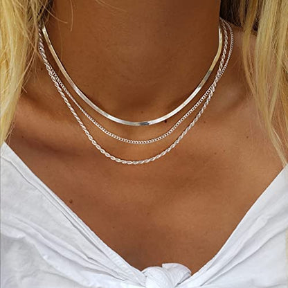 Freekiss Layered Necklace Set for Women Stackable | Herringbone Snake Cuban Rope Chain, Dainty Choker, Layered Stackable, Non Tarnish, Hypoallergenic, Adjustable 14-18.5" - color: Silver, style: 3Snake+Rope+Cuban