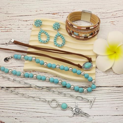 RechicGu Western Jewelry For Women Bohemian Turquoise Dangle Earrings Necklace Bracelet Set, Bullhead Pendant Layered Choker Boho Faux Leather Wristband Country Concert Cowgirl Accessories - color: Jewelry Set A