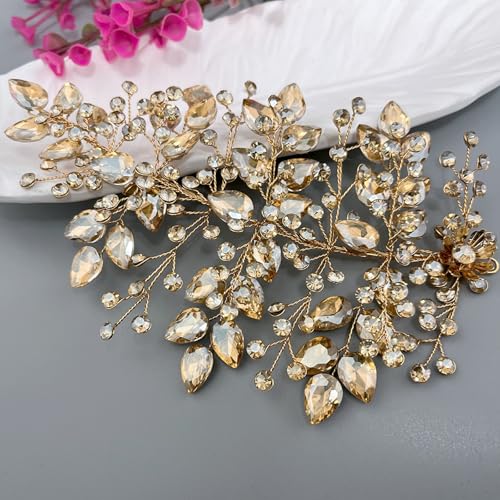 Wedding Hair Pieces for Brides, Rhinestone Bride Headpiece, Handmade Bridal Hair Accessories(Champagne) - color: Champagne
