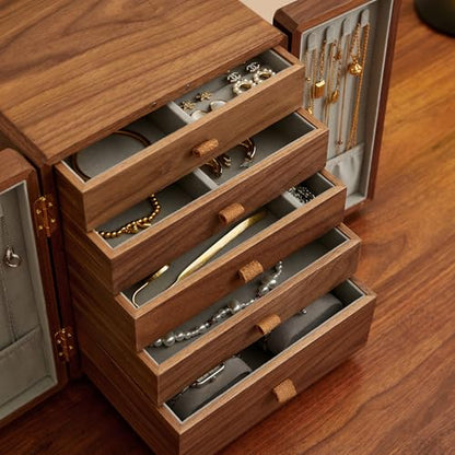 Black Walnut Wood Jewelry Box for Women, Large | Velvet Lined, 5 Drawers & Brass Feet, Earring Organizer, Traditional Chinese Pattern Handles - size: Double doors