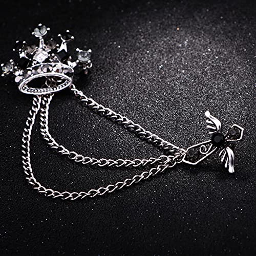 Collar Chain Pin for Men and Women - Hanging Tassel Brooch Lapel Pin for Business Suits - Bar Pin With Long Chain - Gifts - color: H: crown black