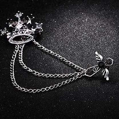 Collar Chain Pin for Men and Women - Hanging Tassel Brooch Lapel Pin for Business Suits - Bar Pin With Long Chain - Gifts - color: H: crown black