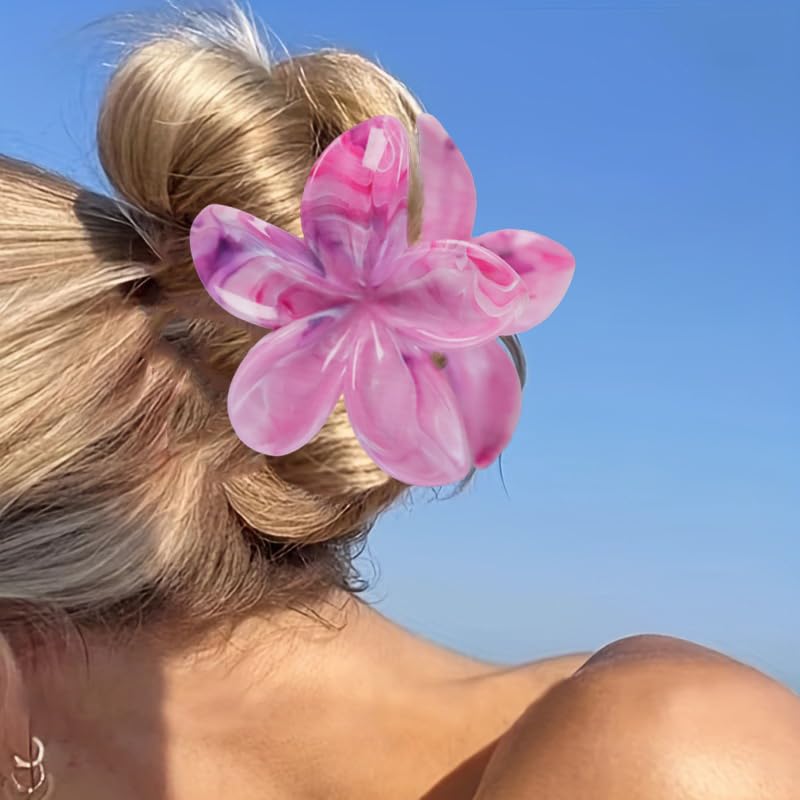 Flower Hair Clips for Women Girls Claw Clips Set Purple Pink Plumeria with Marble Design Barrettes Summer Hair Clip Fashion Hair Styling Accessories for Thick Thin Hair(3Pcs:1 Large 2 Small) - color: Purple-Pink