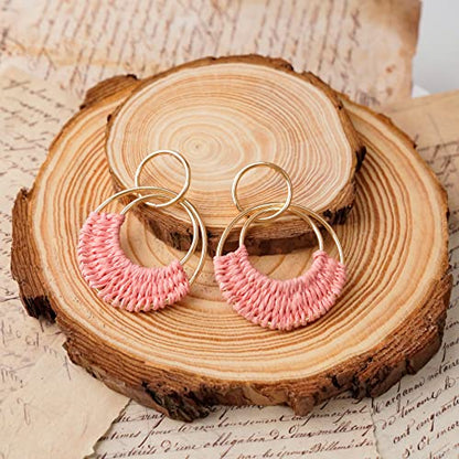 Raffia Hoop Earrings for Women Fun Boho Summer Beach Earrings Lightweight Handmade Straw Wicker Rattan Dangle Earrings Statement Geometric Round Drop Earrings - color: Pink - Round