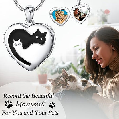 Fanery Sue Personalized Pet Locket Picture Necklace,Dog Cat Memory Gift | Custom Engraved Heart Photo Lockets Necklaces,Dog Cat Sympathy Memorial Jewelry for Women Men - color: Sliver, style: 2 Cats