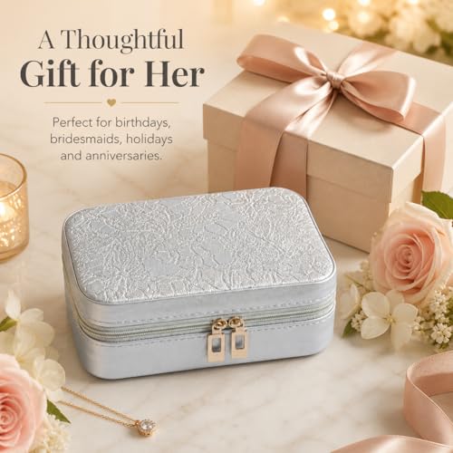 Travel Jewelry Box, Portable jewelry organizer with Embossed PU Leather Small Jewelry Box with Zipper, Velvet Lined Ring Earring Necklace Case for Travel, 6.3 x 4.7 x 2.4 in - color: Silver