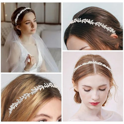 Wedding Headbands for Women Girls Bride Headband Bridal Headpieces Crystal Hair Band Silver Tiara Wedding Gifts Hair Accessories Elegant Fairy Rhinestone Handmade Leaves Flowers