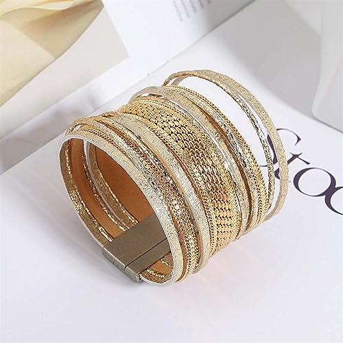 NOVSKI New Genuine Real Leather Wrap Bracelets Multi Strand Cord Metallic Chain Layered Wide Cuff Bracelet Gift Jewelry (Color : Dark Grey)