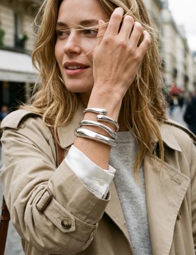 Chunky Gold Bangle Bracelets for Women, Dainty 14k Gold Plated Big Stackable Bangles Set, Trendy Statement Cuff Bracelet Stack Fashion Jewelry Gifts - style: A1-silver