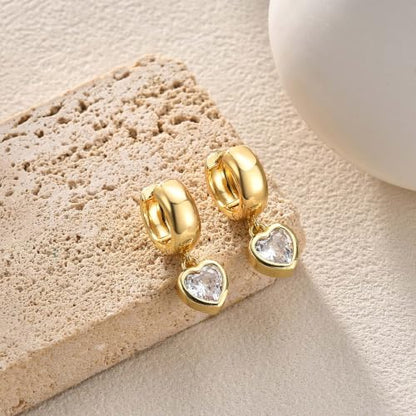 Gold Chunky Dangle Earrings for Women, Bezel Set Cubic Zirconia Charm | 14K Gold Silver Plated, Statement Huggie Hoops Drop Earrings, Trendy Jewelry Gifts, High Grade CZ, Hypoallergenic Lightweight - color: GD-Heart CZ Hoop