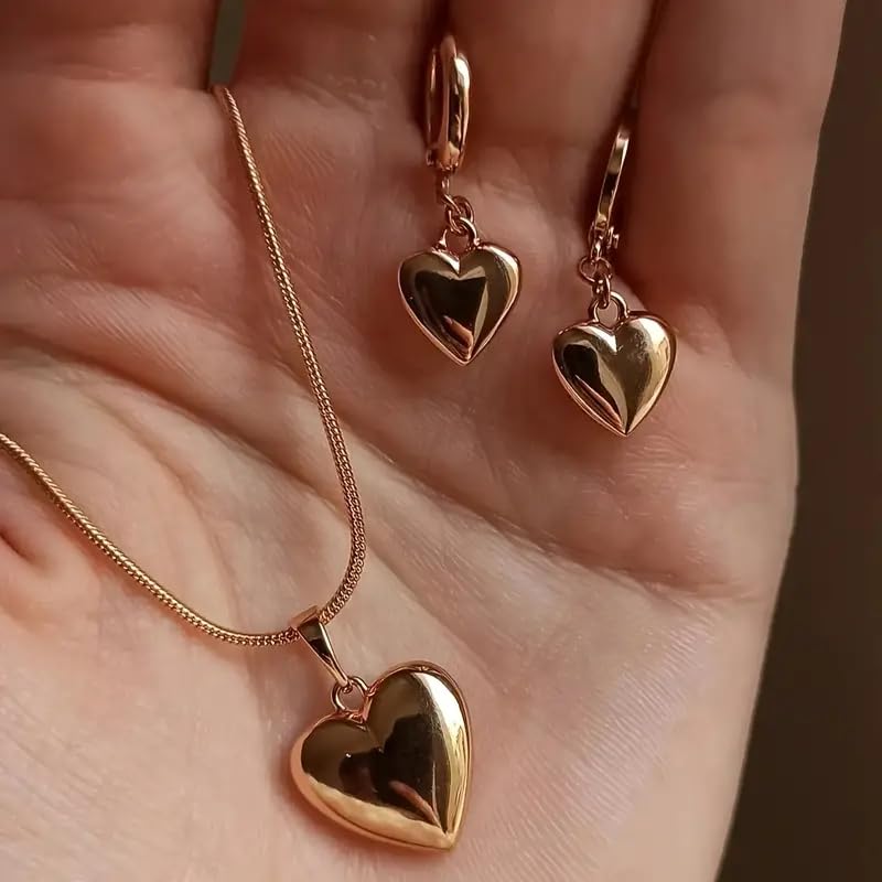 Tone Puffy Heart Pendant Necklace and Huggie Earrings Set, Minimalist Romantic Dainty Jewelry for Women - color: Golden