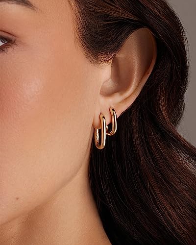 PAVOI 18K Gold Plated Small Hoop Earrings for Women, Earrings Piercing Pack | Hypoallergenic Earrings with 925 Sterling Silver Posts, Trendy Geometric Chunky Huggie Hoop Earrings - style: Rectangle
