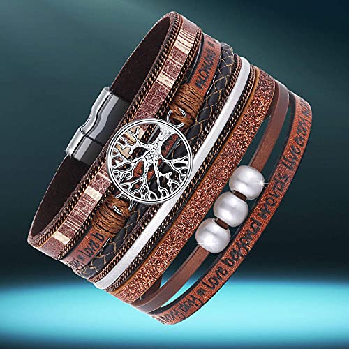 Desimtion Inspirational Tree of Life Boho Leather Wrap Bangle Bracelets for Women, Teen Girl Gifts Trendy Stuff, Fashion Accessories Jewelry Gifts for Women Girls - color: Brown